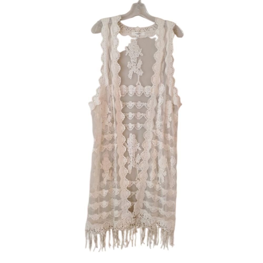 Women's Bohemian Long Vest Embroidered Size Large Beige Western